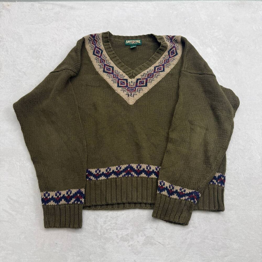 American Eagle Men's V-Neck Sweater Green Size XL Vintage 90s Cotton Ramie Knit